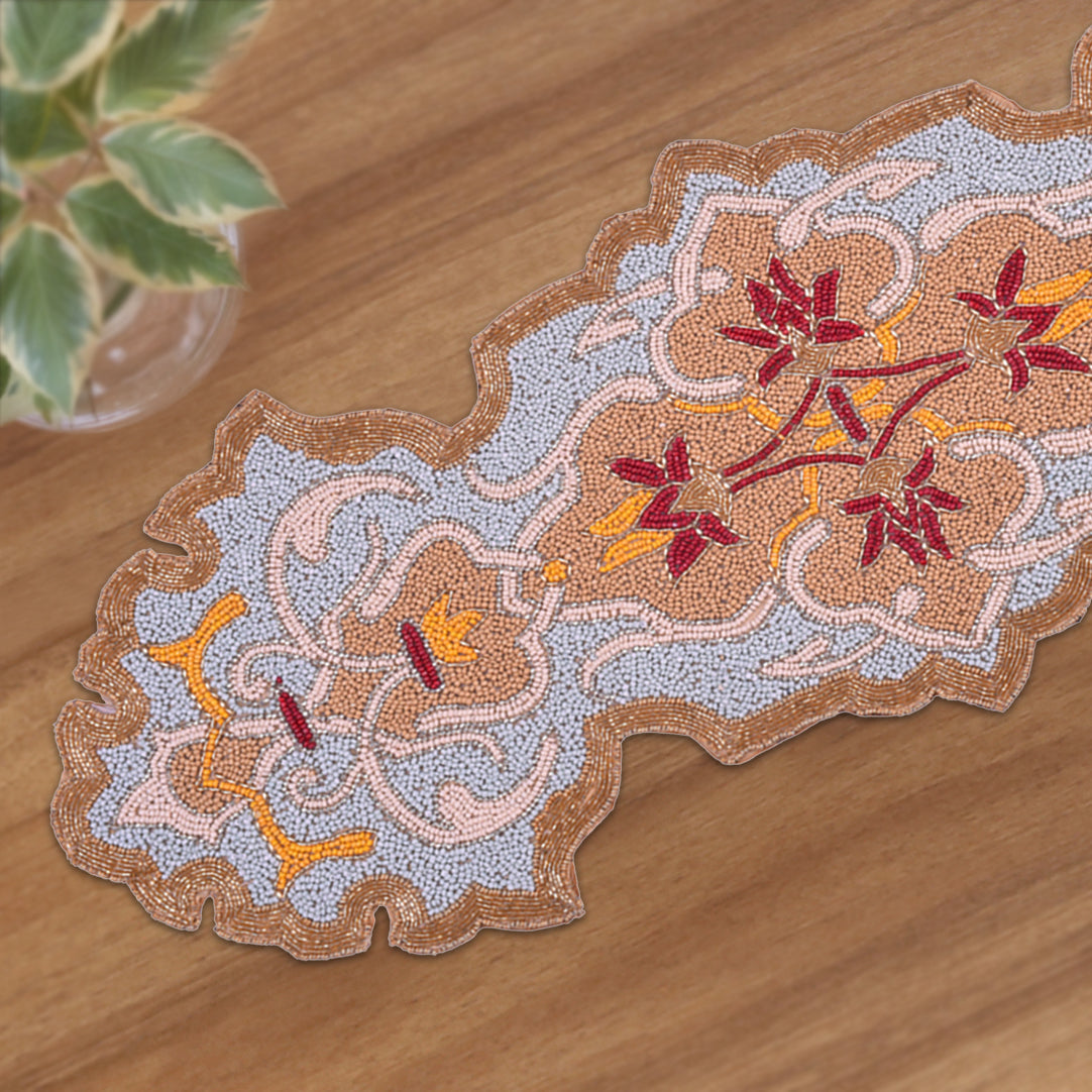 Beaded table runner from RNR 00009 featuring intricate beadwork and elegant design, perfect for festive or formal table settings.