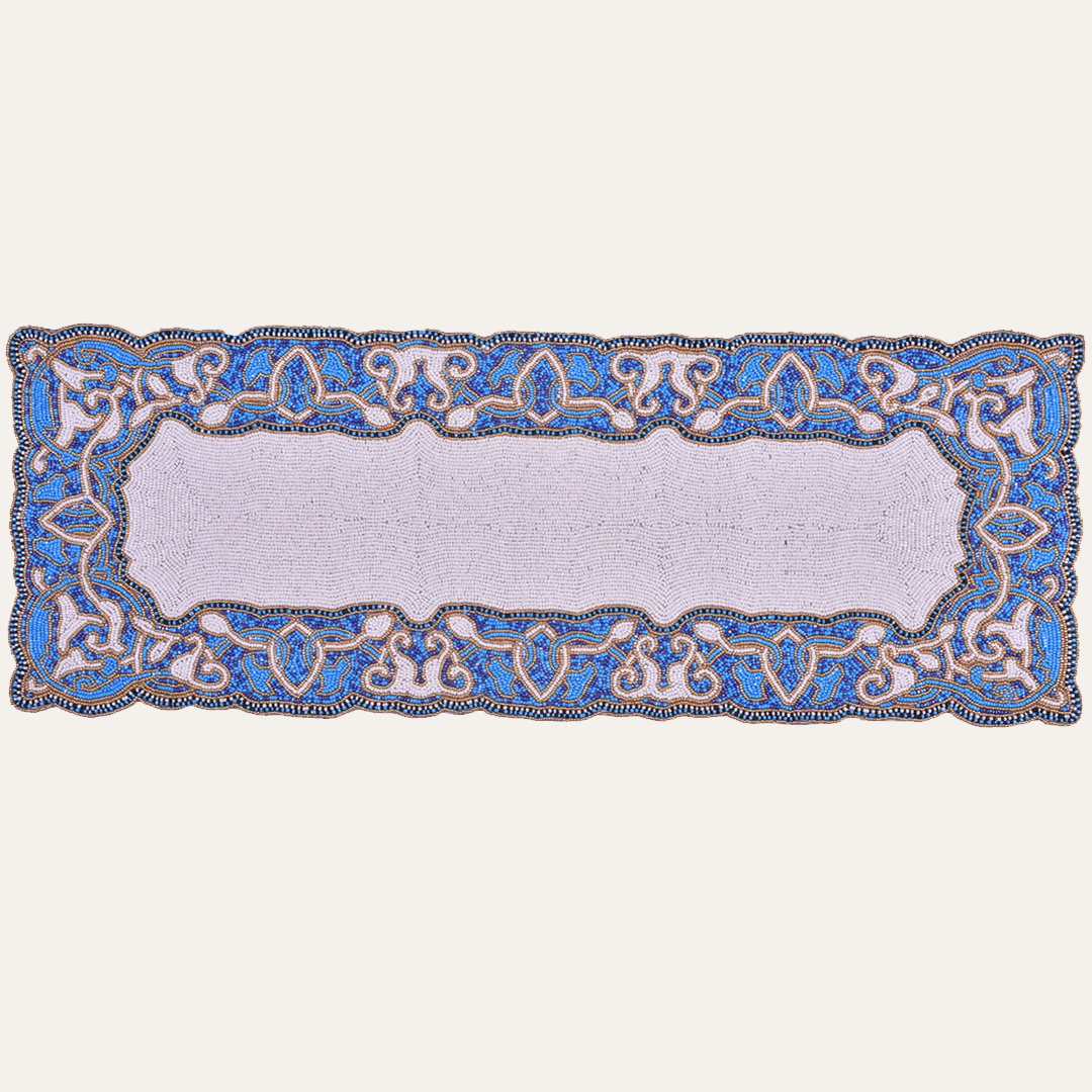 Beaded Table Runner - White Blue 54" x 13" - Decozen