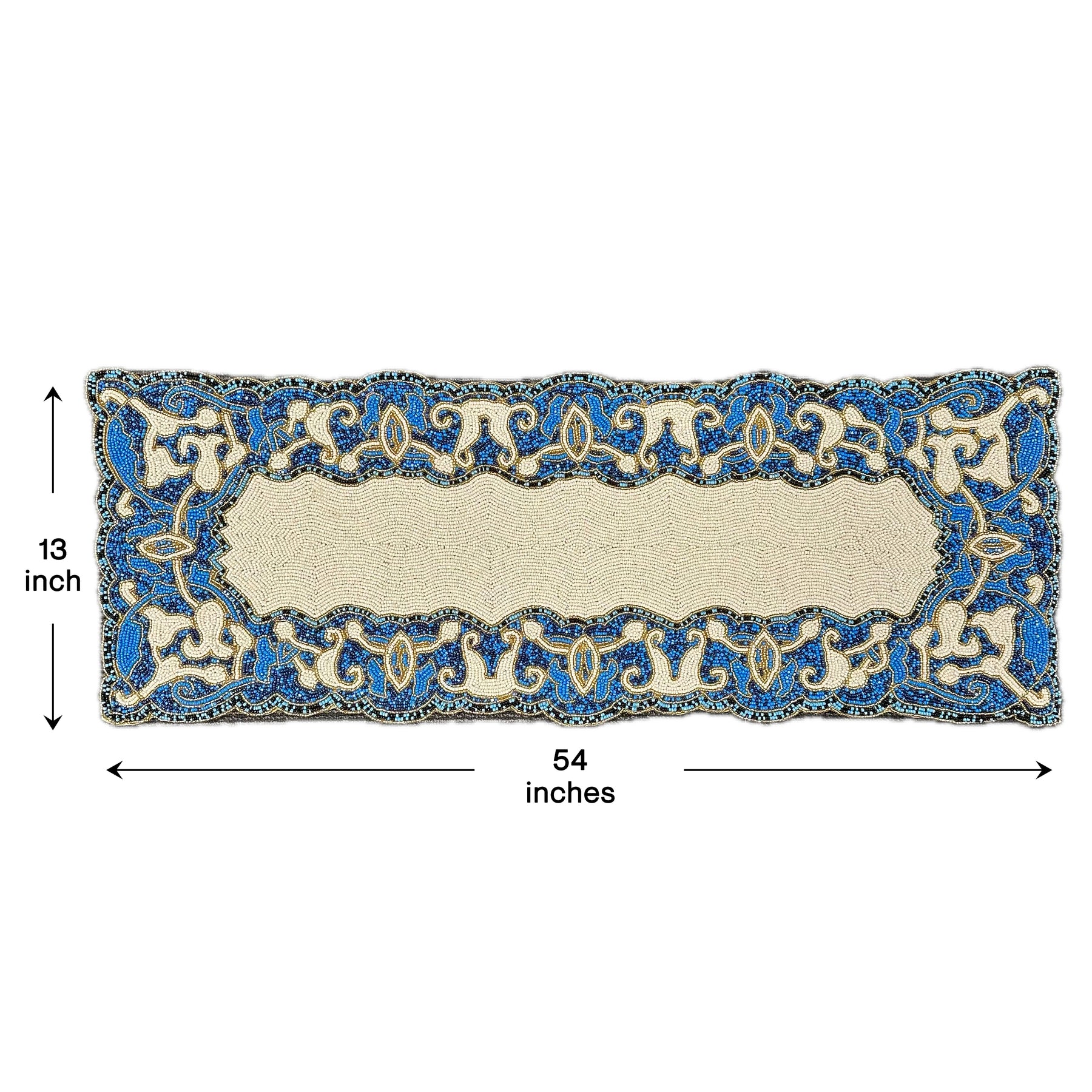 Beaded Table Runner - White Blue 54" x 13" - Decozen