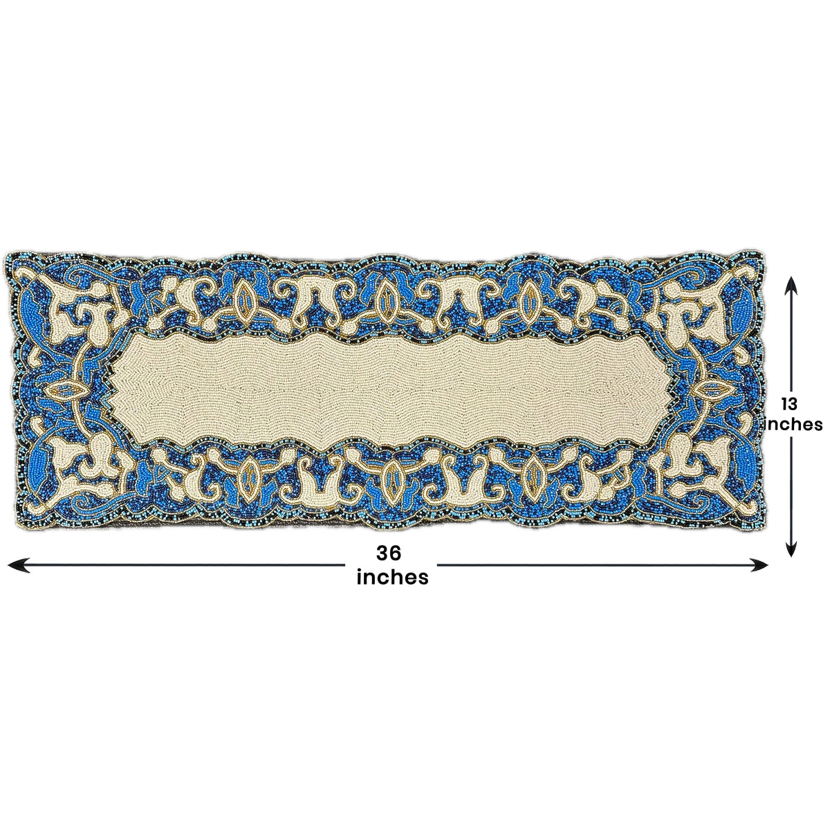 Beaded white and blue table runner, 36 by 13 inches, decorative table decor by RNR 00019
