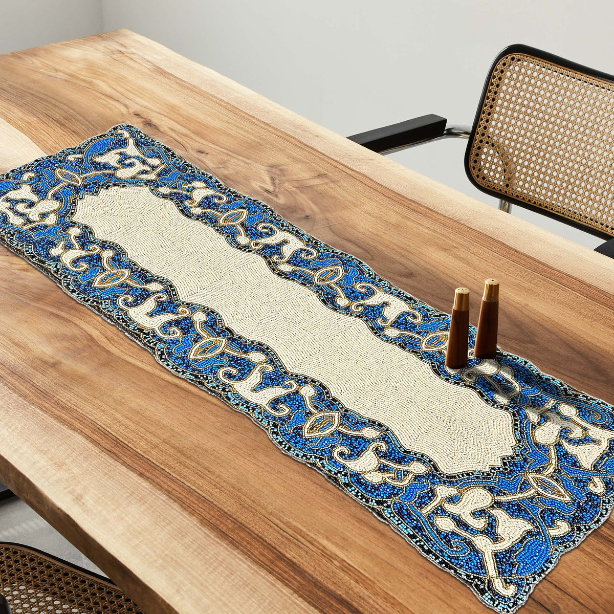 Beaded white and blue table runner, 36 x 13 inches, decorative table centerpiece for elegant dining or special occasions.