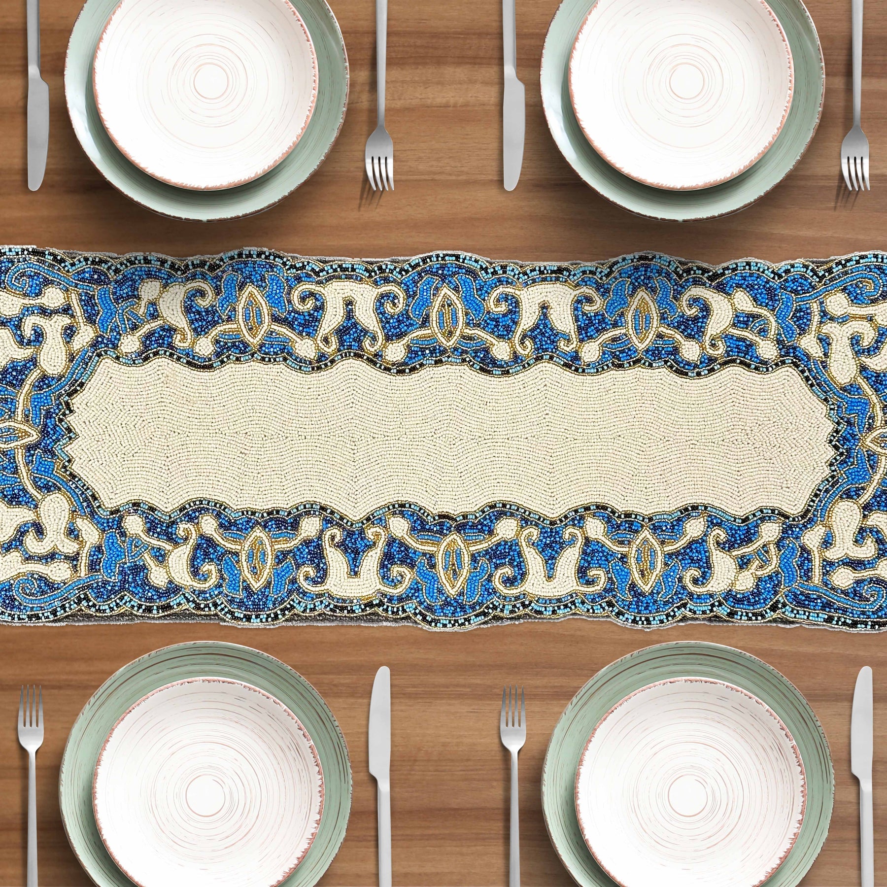 Beaded Table Runner - White Blue 36" x 13" - Decozen