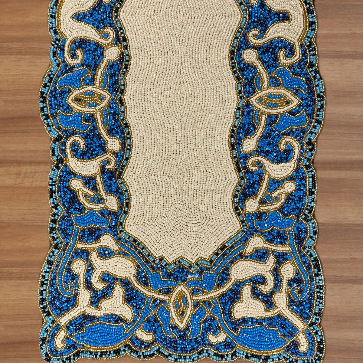 Beaded white and blue table runner, 36 x 13 inches, decorative table centerpiece by RNR 00019.