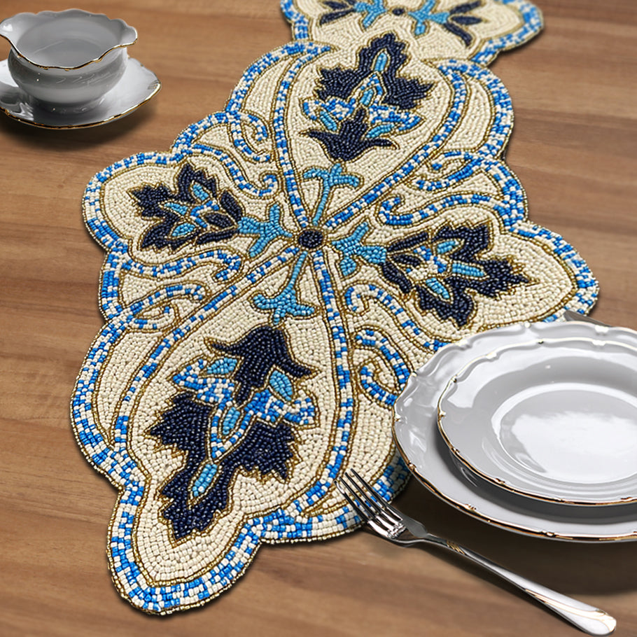Beaded Table Runner - Blue White 54" x 13" - Decozen
