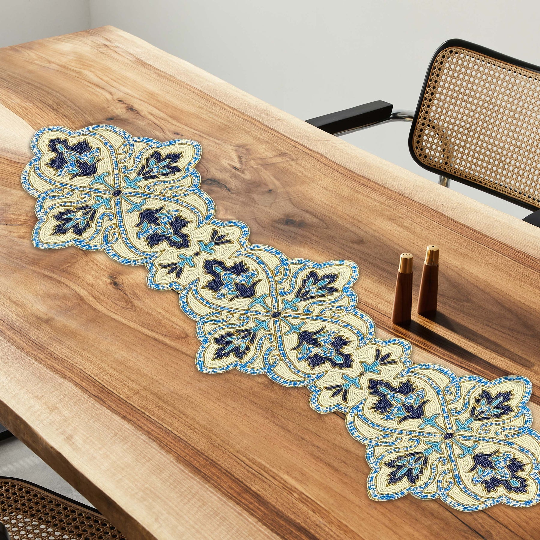 Beaded Table Runner - Blue White 36" x 13" - Decozen