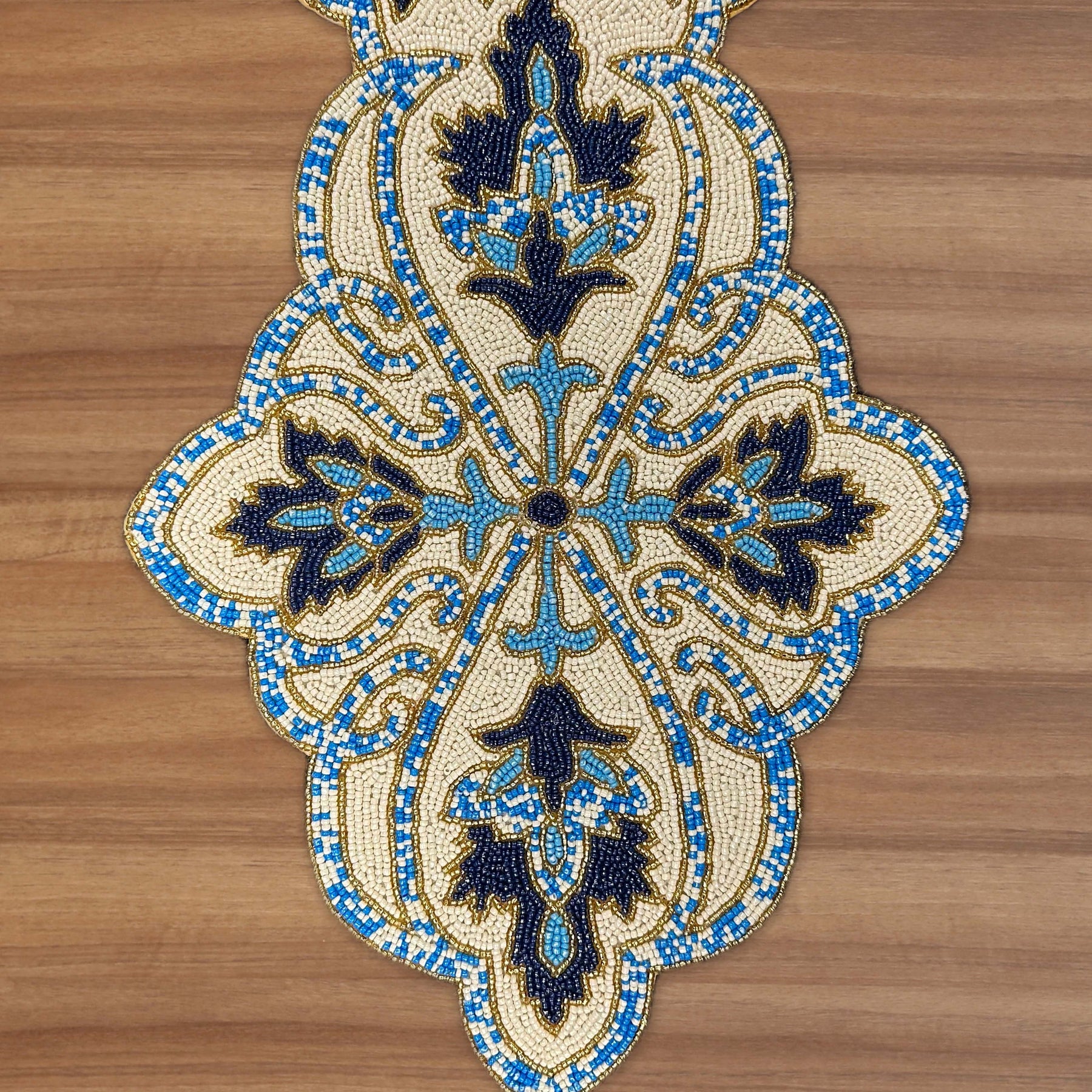 Beaded Table Runner - Blue White 36" x 13" - Decozen