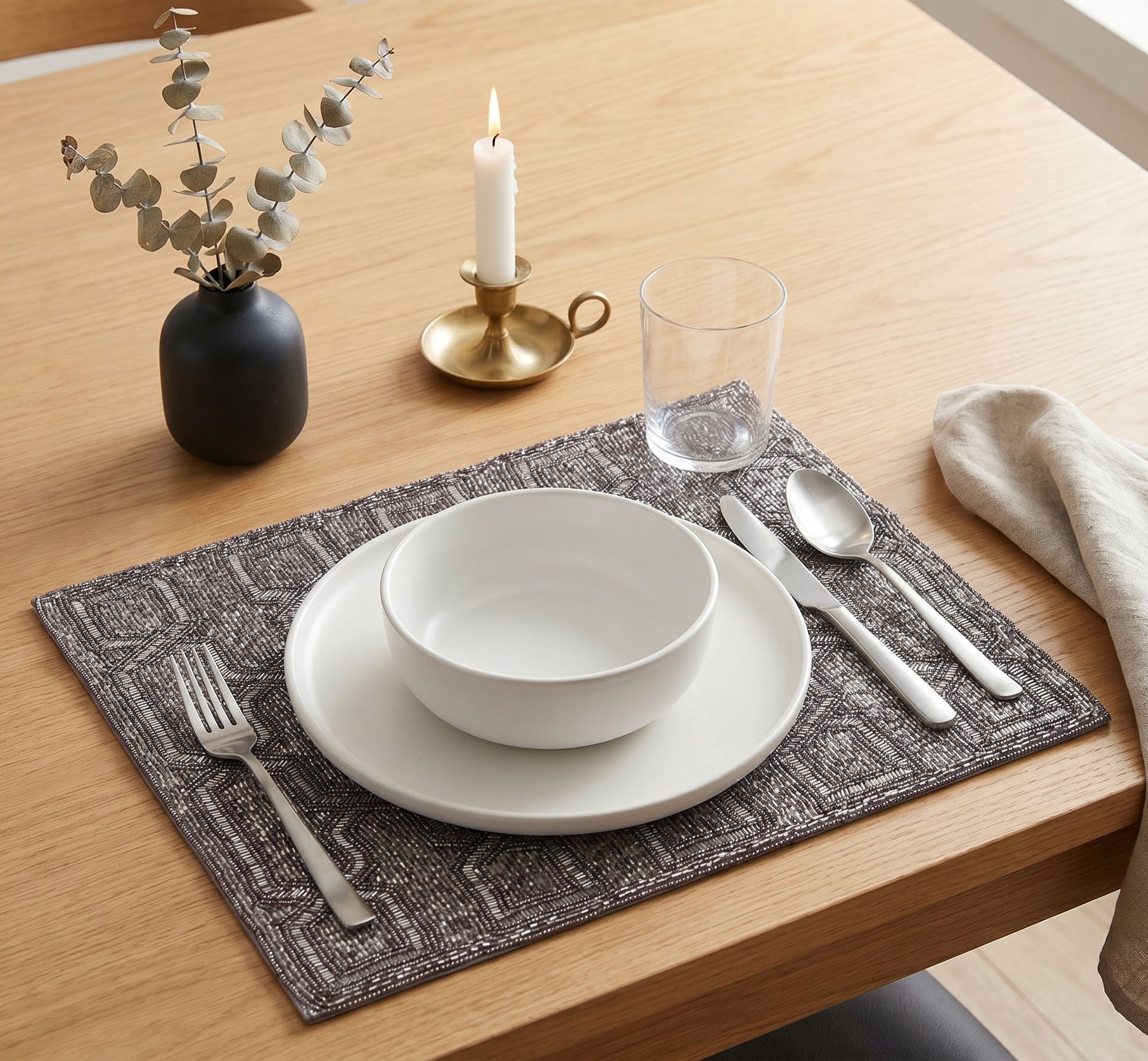 Embroidered beaded placemats from the Creola Grace Charger Plates collection, 15-inch elegant decorative dining table décor.