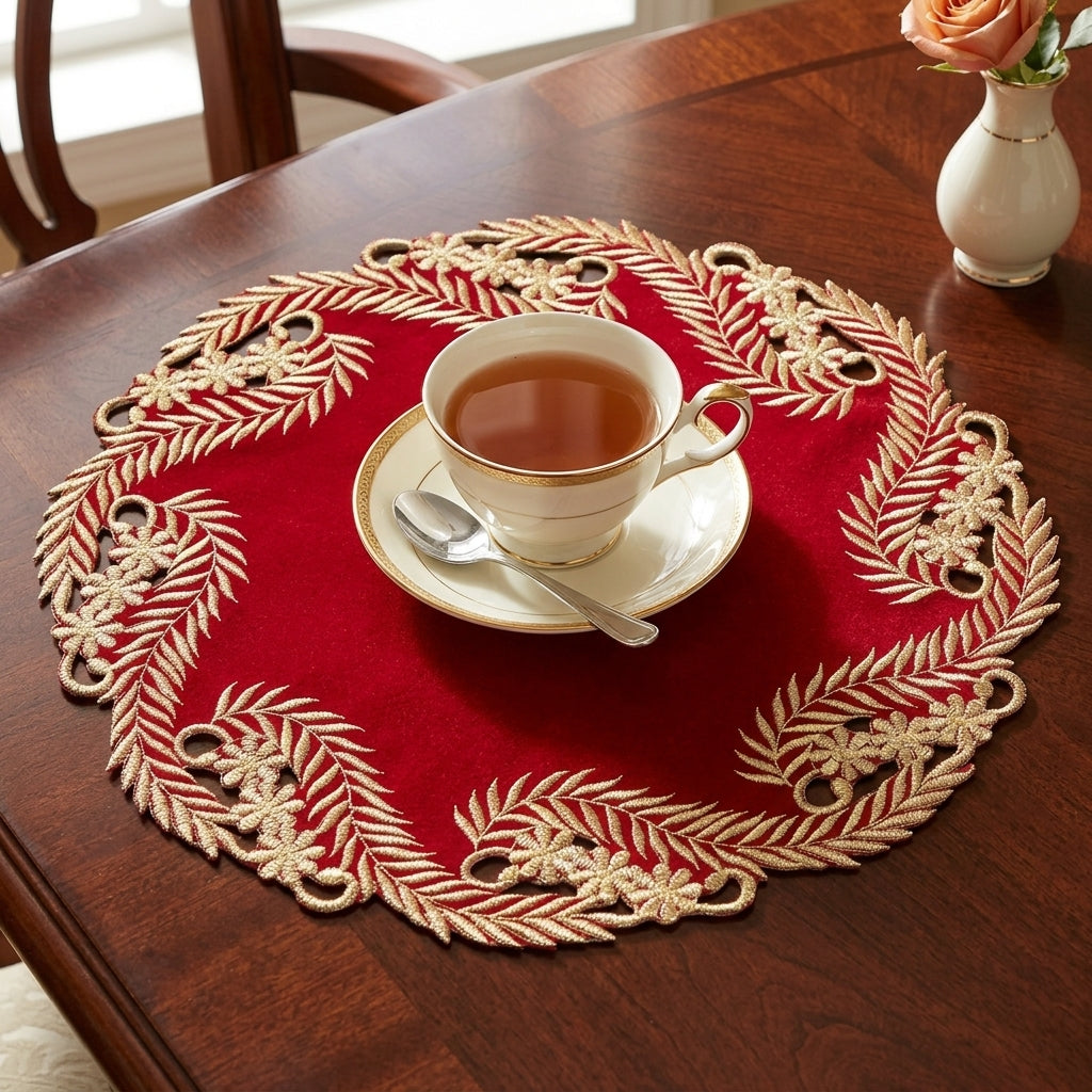 Wine Grace – Burgundy Gold Table Doilies, Anyce Collection Modern Dining Décor 15 inch