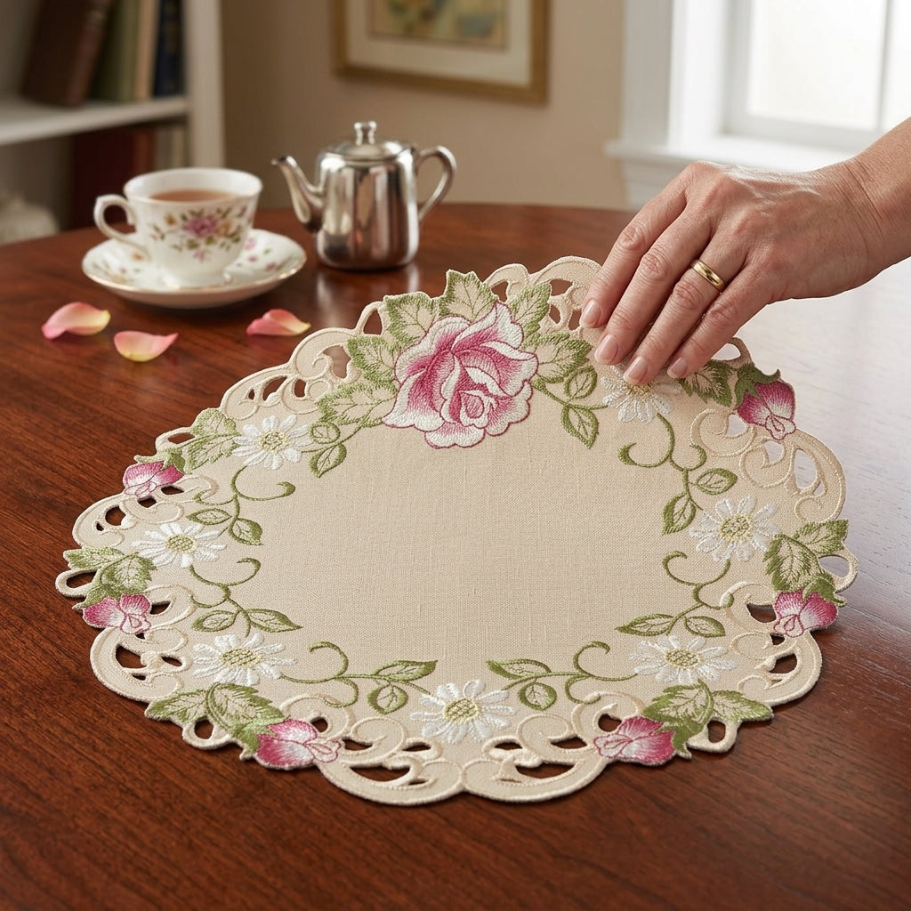 Docia Sand – Beige Table Doilies, Docia Collection Elegant Decorative Table Decor 15 inch