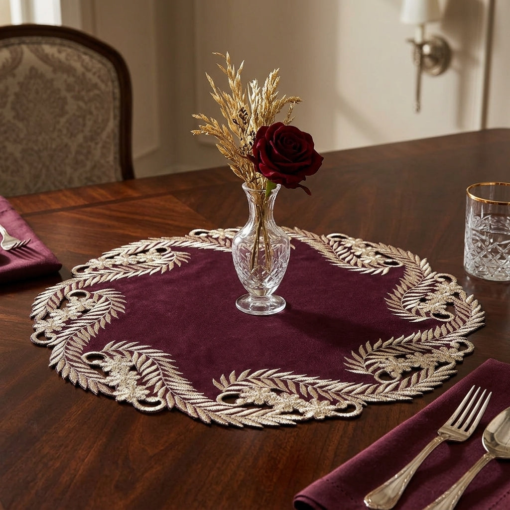 Violet Dream – Plum Gold Table Doilies, Anyce Collection Artistic Home Table Décor 15 inch
