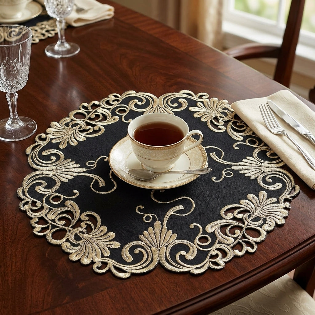 Golden Night – Black Gold Table Doilies, Chantelle Collection Decorative Home Accent 15 inch