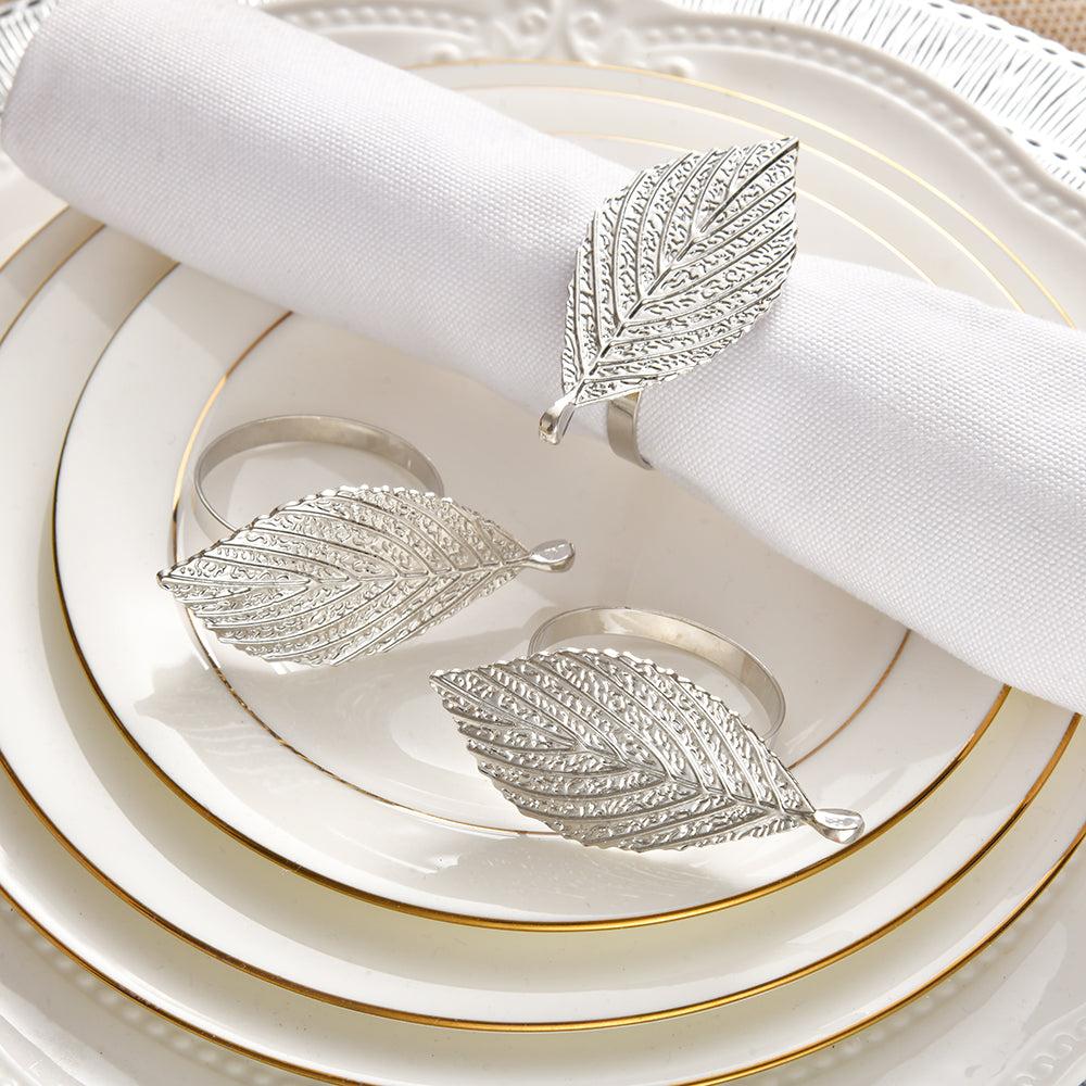 Silver Leaf – Napkin Rings in Silver Leaf Design, Elegant Decorative Dining Table Décor - Decozen