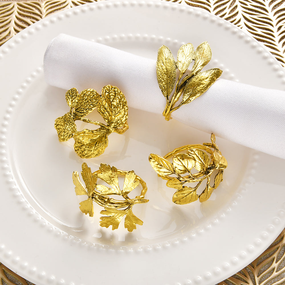 Golden Harmony – Napkin Rings in Gold Leaf Design, Elegant Decorative Dining Table Décor - Decozen