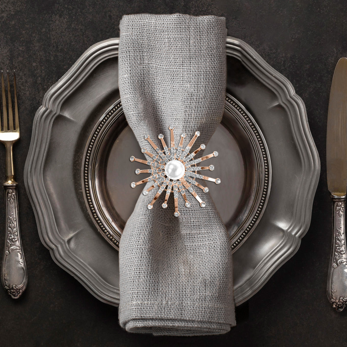 Set of four Gold Blossom napkin rings by ZWZ-18-036 featuring floral pearl design, elegant decorative dining table accessories.