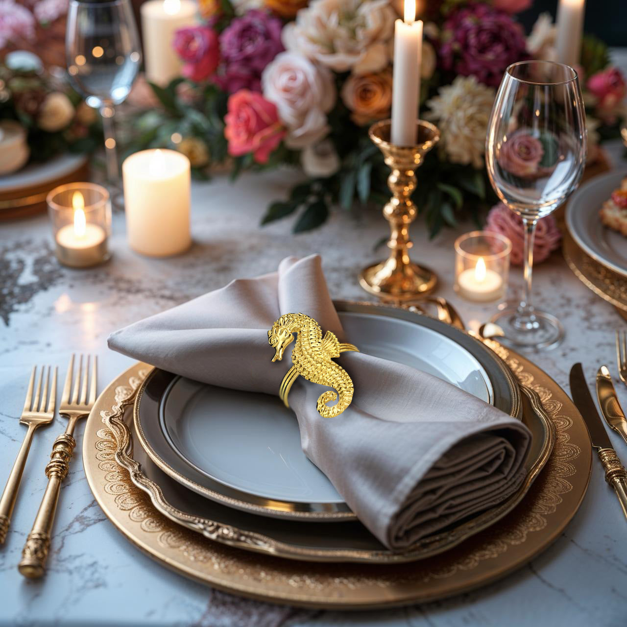 Set of four Ocean Majesty gold sea horse napkin rings by ZWZ-18-106-1, luxurious decorative dining table accessories.