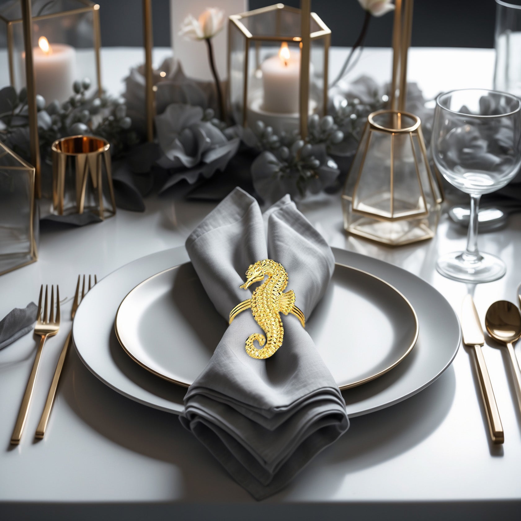 Set of four Ocean Majesty gold sea horse napkin rings by ZWZ-18-106-1, decorative dining table accents with luxurious design.