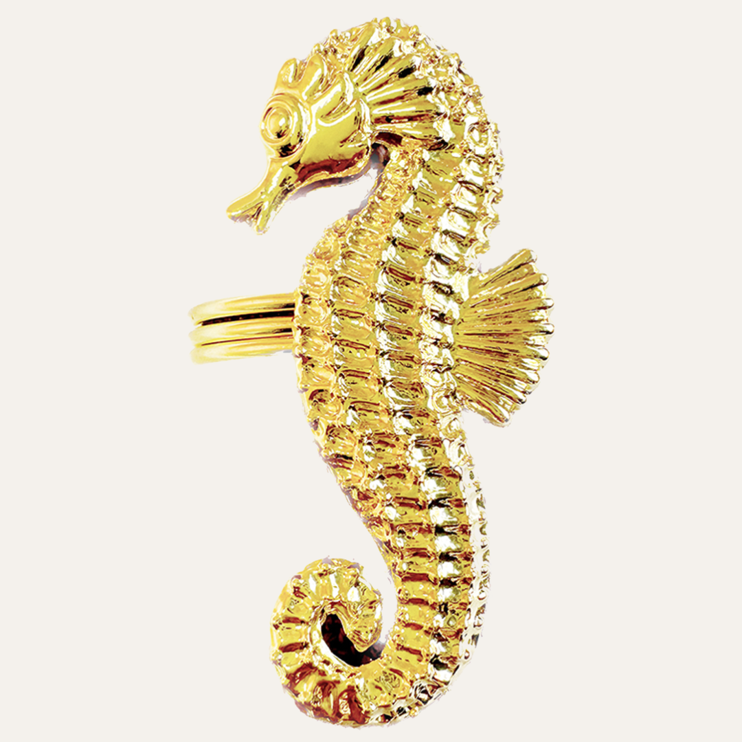 Set of four Ocean Majesty ZWZ-18-106-1 gold sea horse napkin rings, luxurious decorative dining table accents.