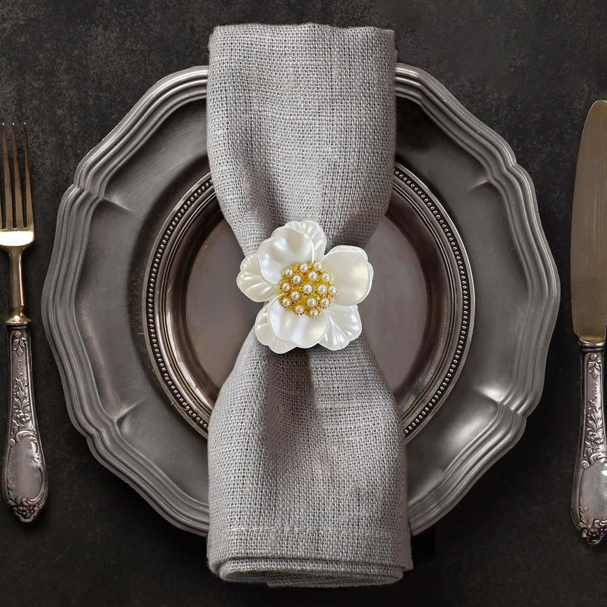 Floral Whisper – Napkin Rings in White Gold Floral Design, Artistic Decorative Dining Table Décor - Decozen