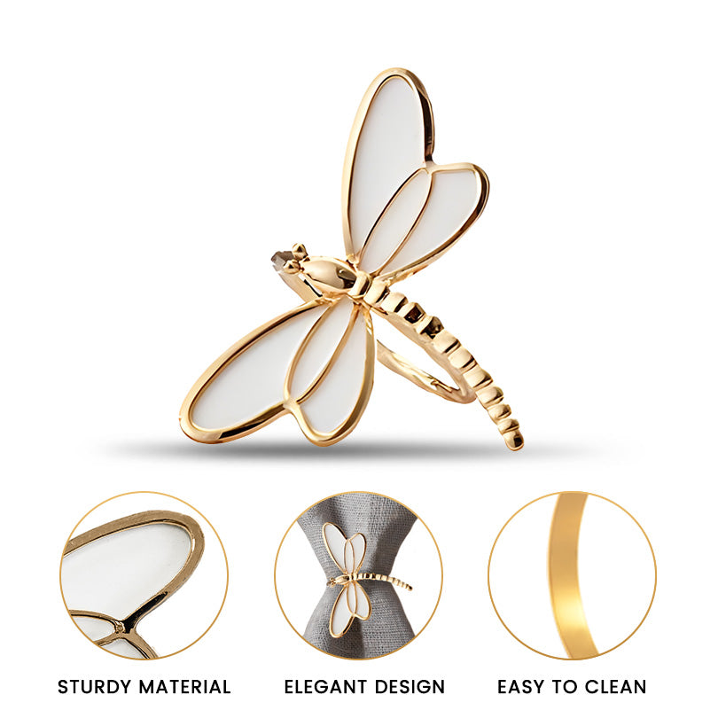 Ivory Flight – Napkin Rings in Gold White Dragon Fly Design, Artistic Decorative Dining Table Accent - Decozen