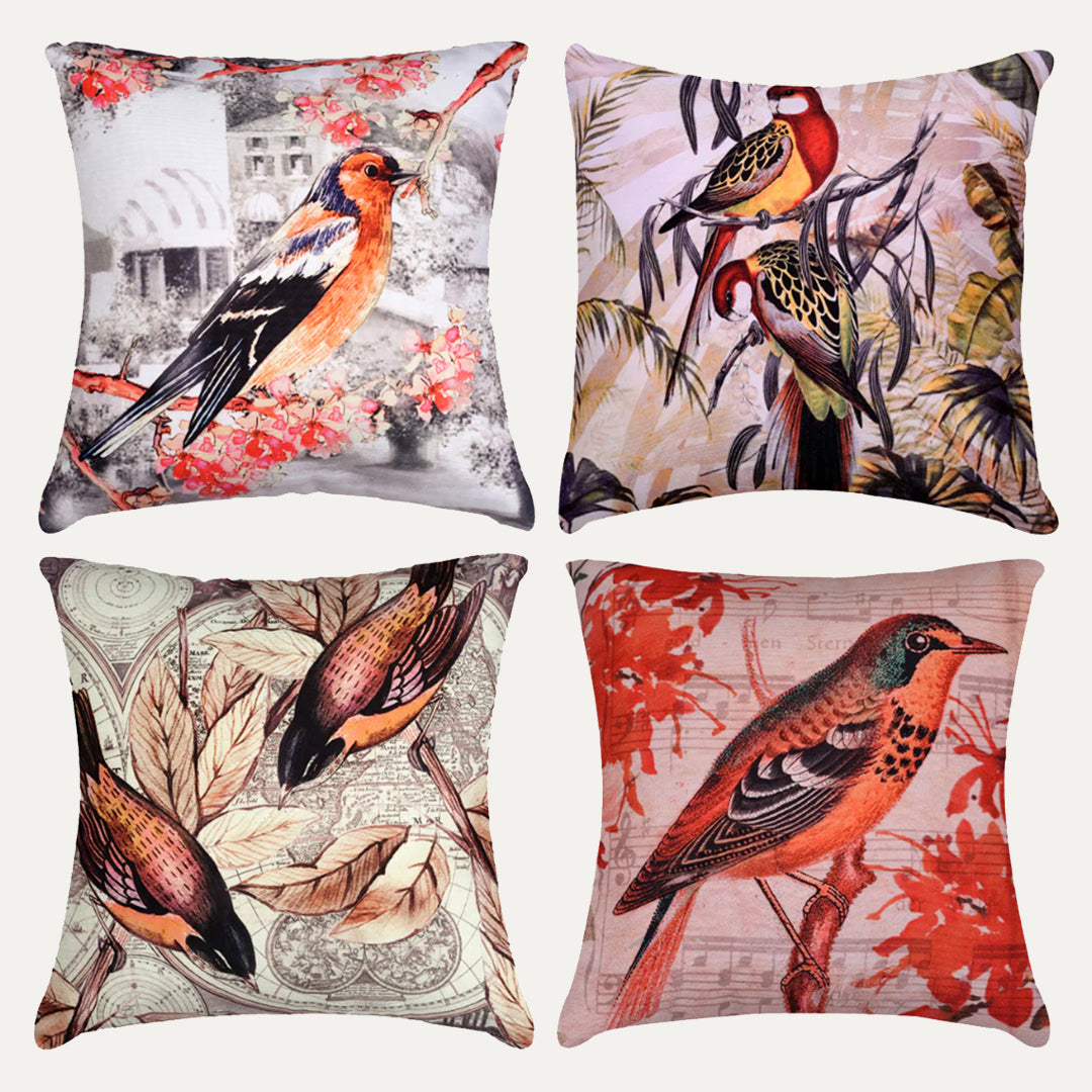 Birds Printed Design Throw Pillow Covers - Set of 4 - Decozen