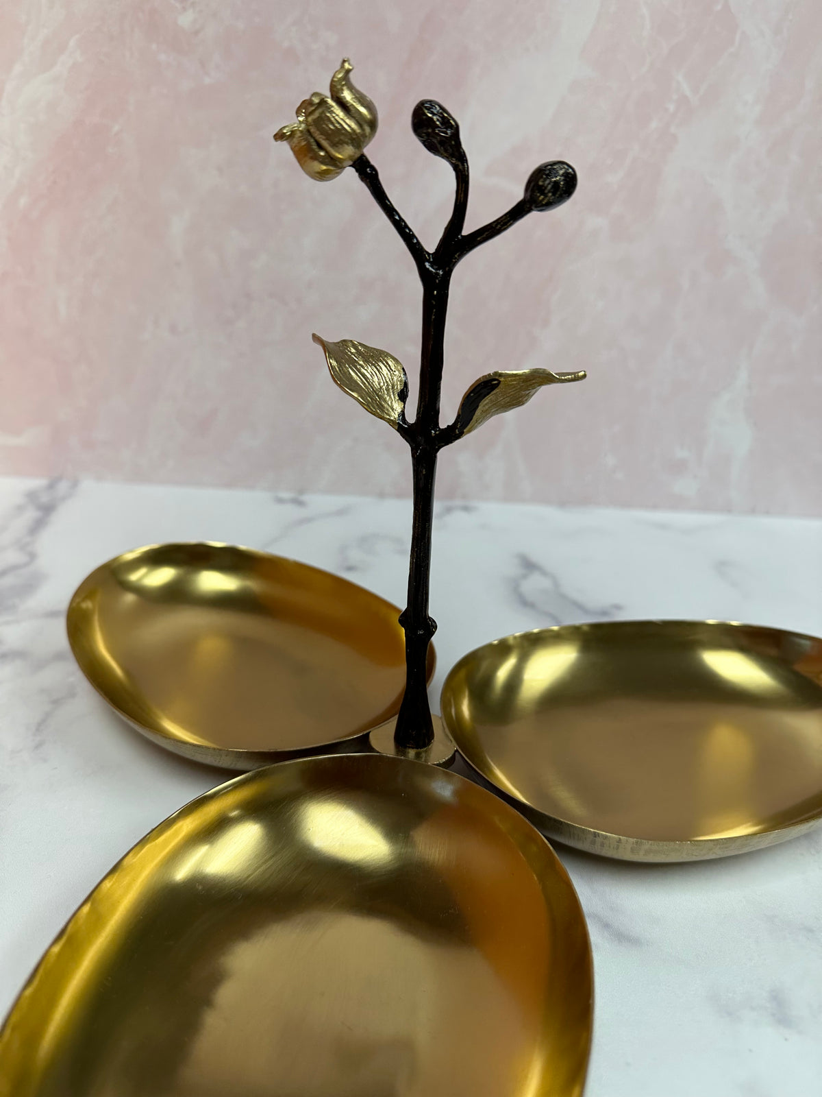 Three-bowl condiment server by 12417ELBA for kitchen décor, featuring ceramic bowls arranged on a sleek stand.