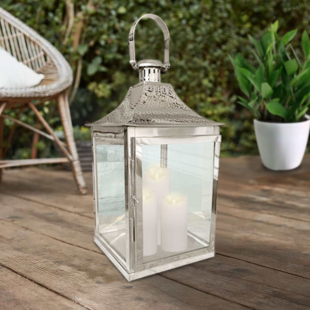 Silver Metal Frame and Glass Candle Holder Lantern - Decozen