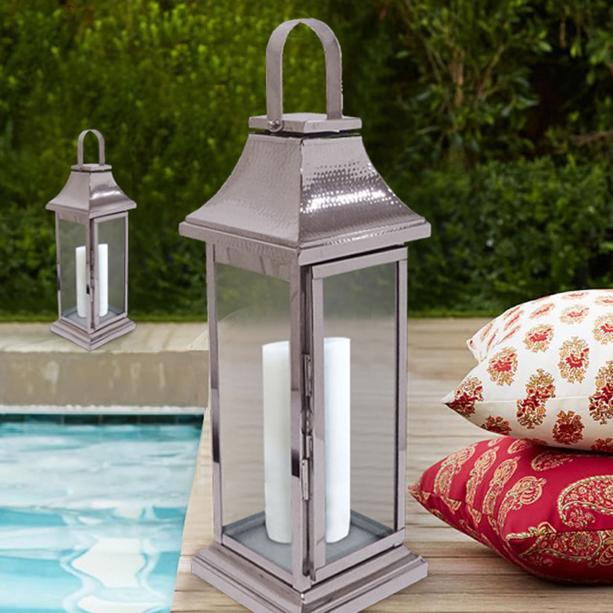 Silver Metal Frame and Glass Candle Holder Lantern - Medium - Decozen