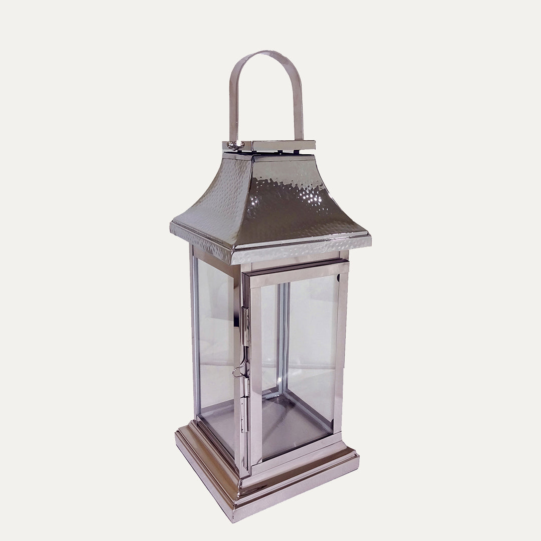 Silver Metal Frame and Glass Candle Holder Lantern - Small - Decozen