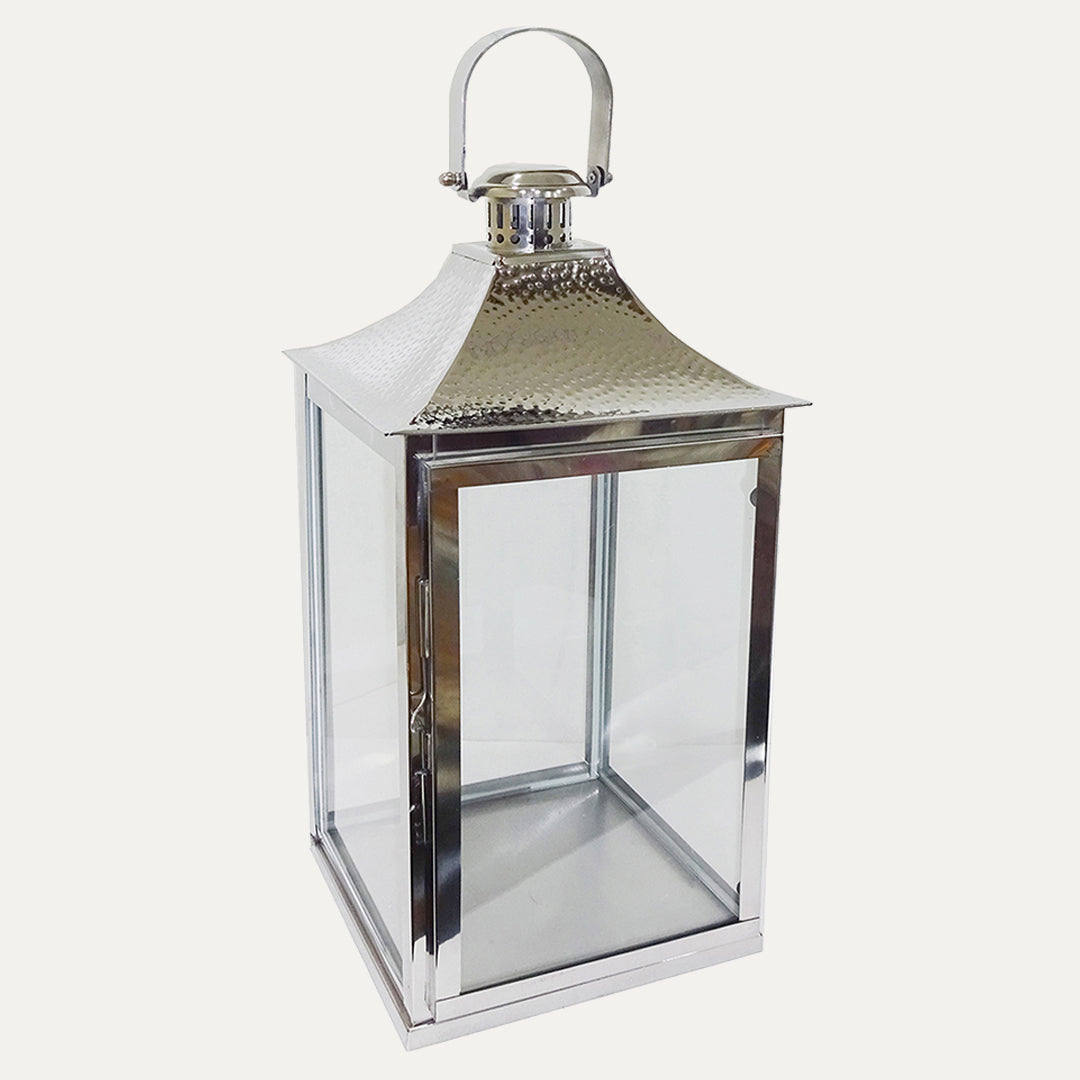 Silver Metal Frame and Glass Candle Holder Lantern - Decozen