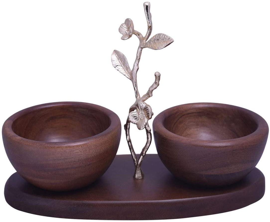 Two small acacia wood nut bowls for kitchen décor, featuring smooth finish and natural wood grain details.