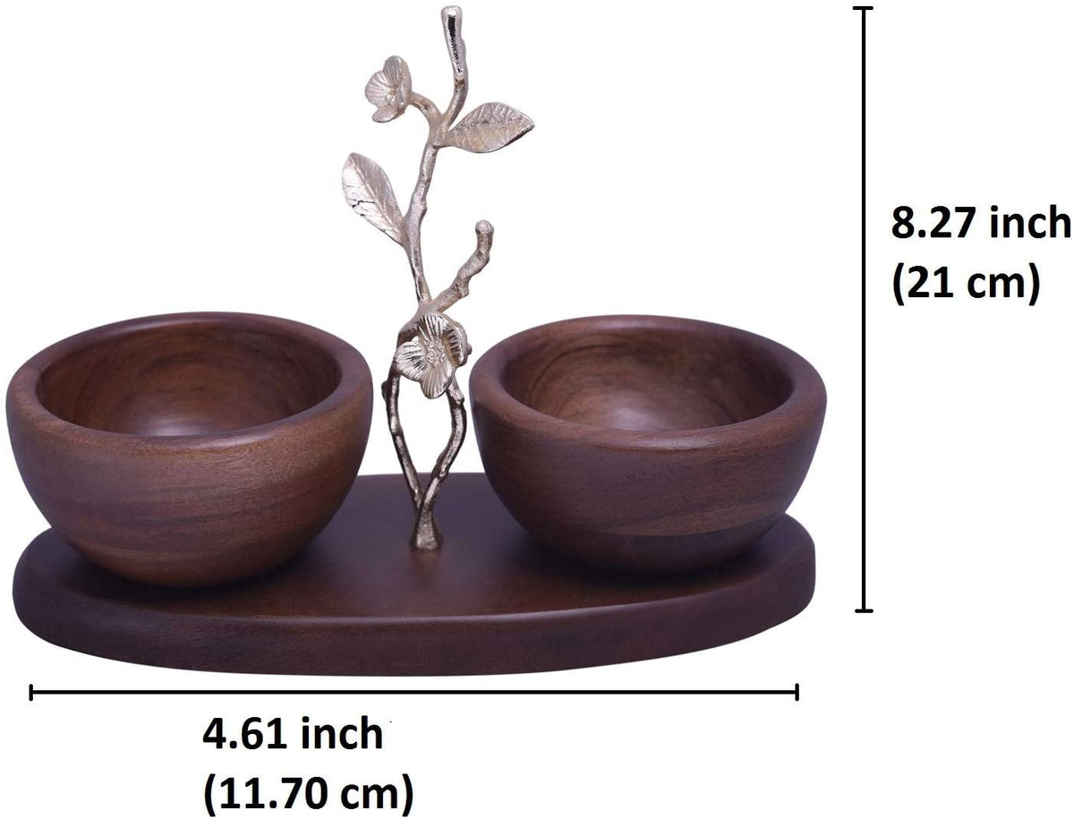 Pair of acacia wood small nut bowls, ideal for kitchen décor, with a smooth finish and natural wood grain details.