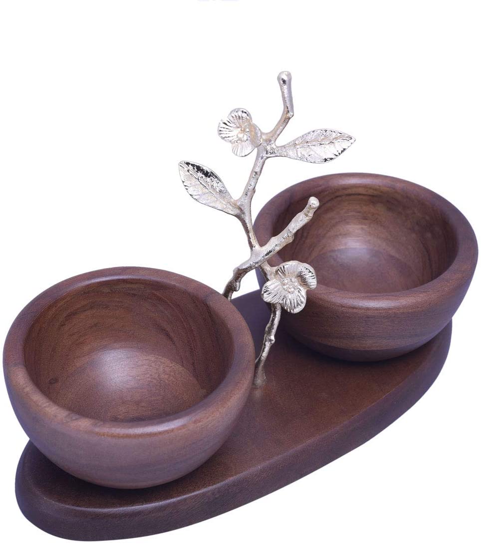 Two small acacia wood nut bowls for kitchen decor, featuring natural wood grain and compact design.