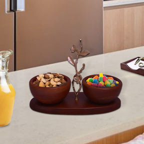Pair of acacia wood small nut bowls for kitchen décor, showcasing natural wood grain and smooth finish.