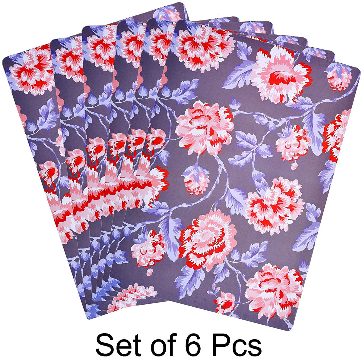 Set of four floral design cork-backed placemats with natural cork texture and colorful flower patterns, ideal for table setting.