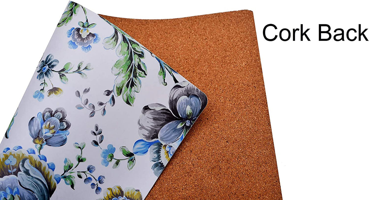 Set of four floral design cork-backed placemats by ATKP-9CK, showcasing colorful floral patterns on durable cork surfaces.