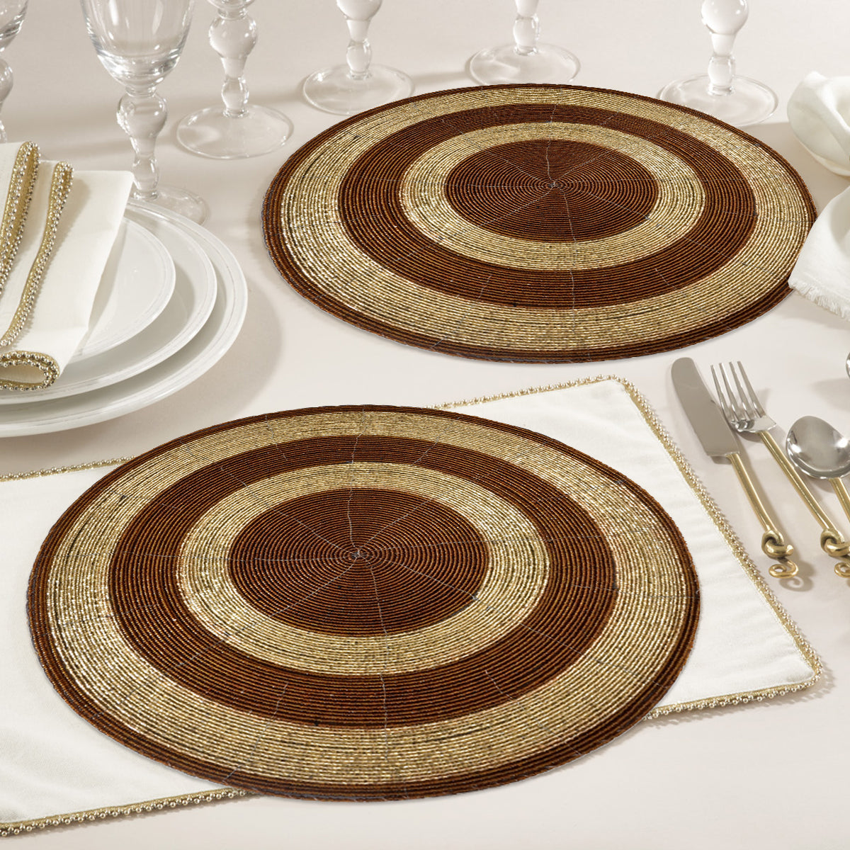 Set of four Dillen Grace beaded placemats from The Dillen Collection, 14-inch elegant decorative table decor for dining.