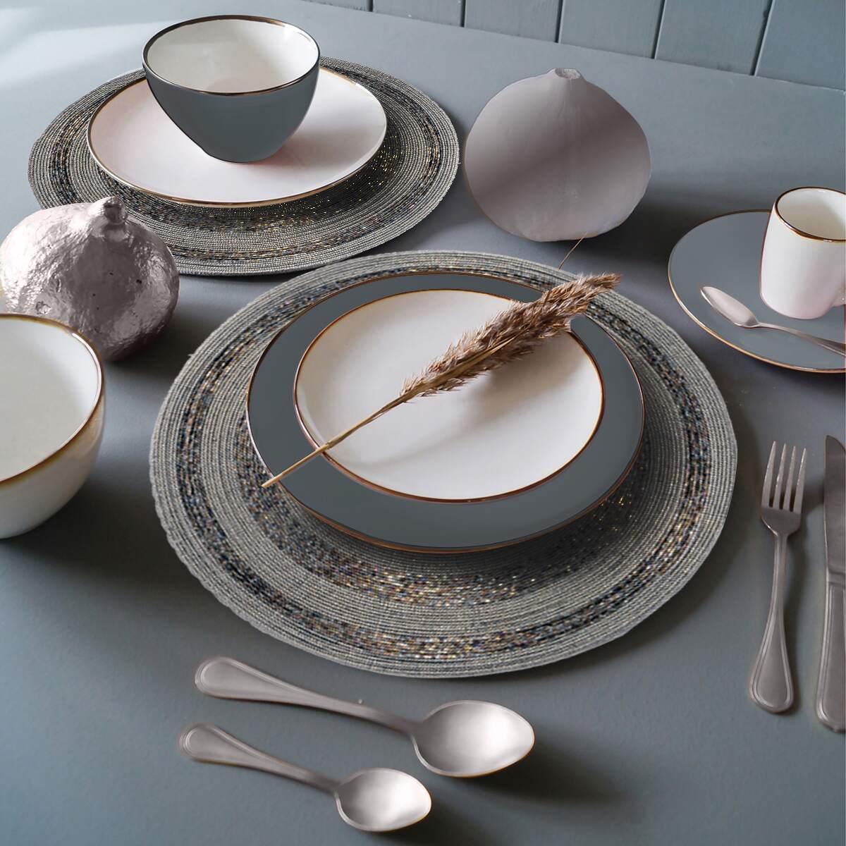 Set of four Vaiga Grace beaded placemats from The Vaiga Collection, 14-inch elegant decorative dining table décor.