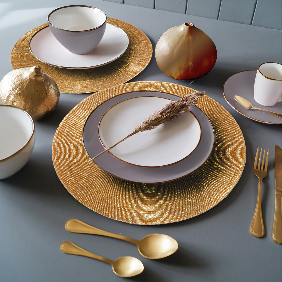 Set of four Hartfo Bloom beaded placemats from the Hartfo Collection, 14-inch artistic decorative dining table décor.