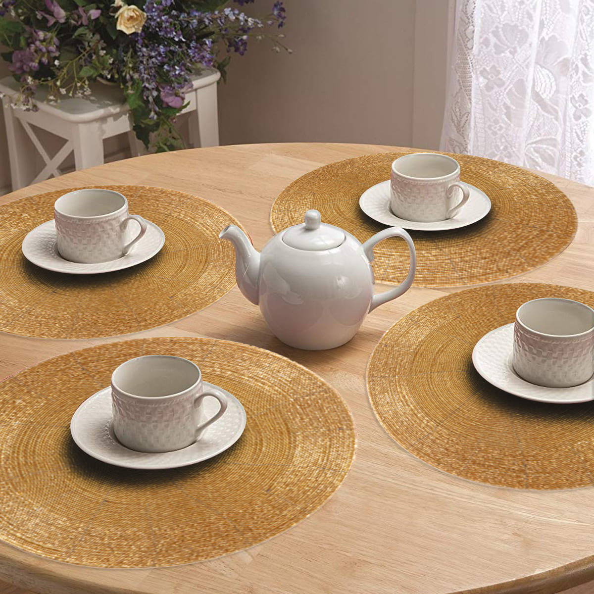 Set of four Hartfo Bloom beaded placemats from BD 036 007, decorative 14-inch table decor with artistic beaded design.