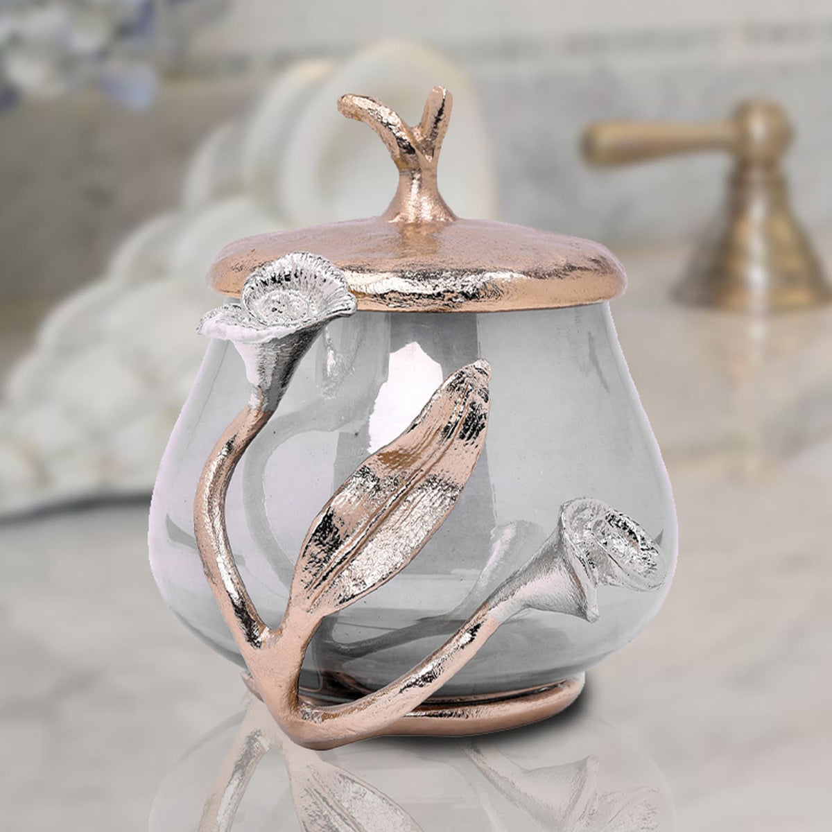 Elegant cotton ball containers from BD-Jar Arabesque Collection, featuring stylish bath décor with intricate design.