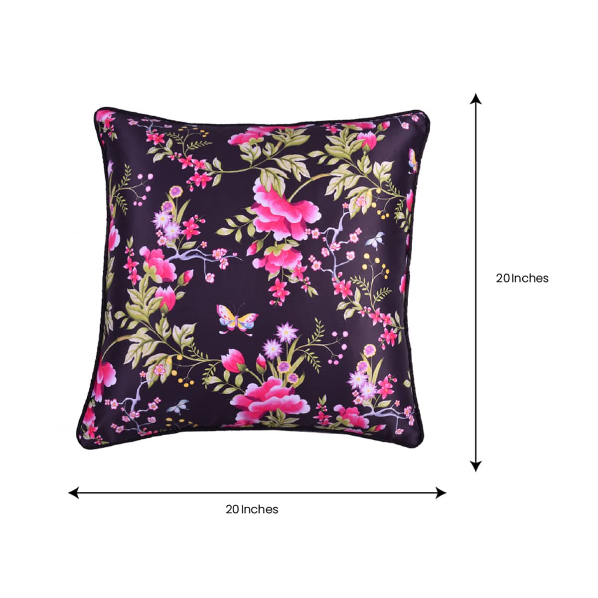 Floral printed throw pillow cover in 20x20 inches, featuring vibrant flower designs on fabric for decorative cushions.