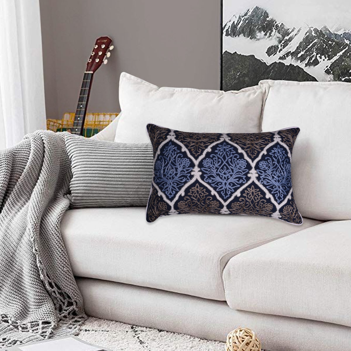 Set of 2 or 4 blue and brown throw pillow covers, 14x20 inches, by CU6071-35, featuring stylish fabric and modern design.