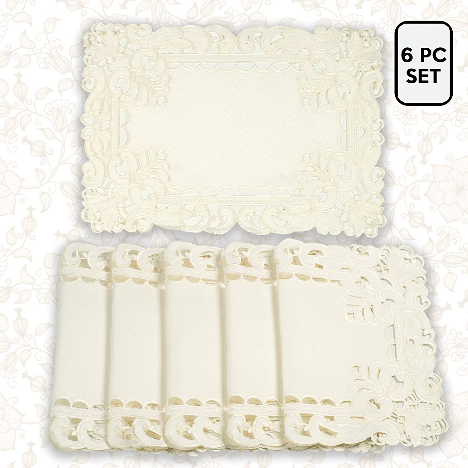 Set of six linen placemats with intricate European embroidery from The Damarcus Collection, crafted for elegant table settings.
