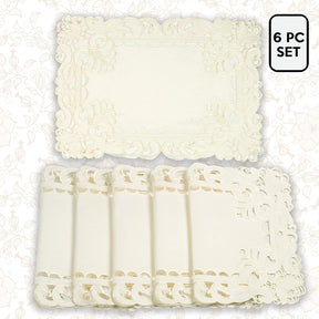 Set of six linen placemats with intricate European embroidery from The Damarcus Collection, crafted for elegant table settings.