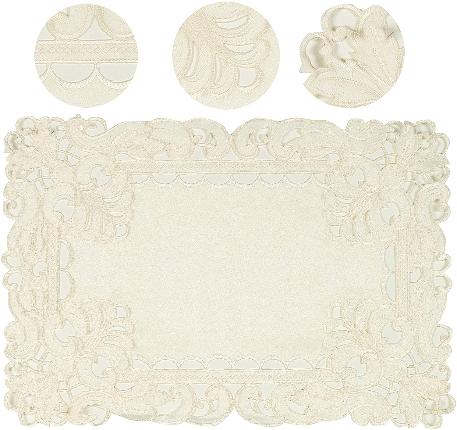 Set of six linen placemats with European embroidery from The Damarcus Collection, featuring intricate handcrafted details.