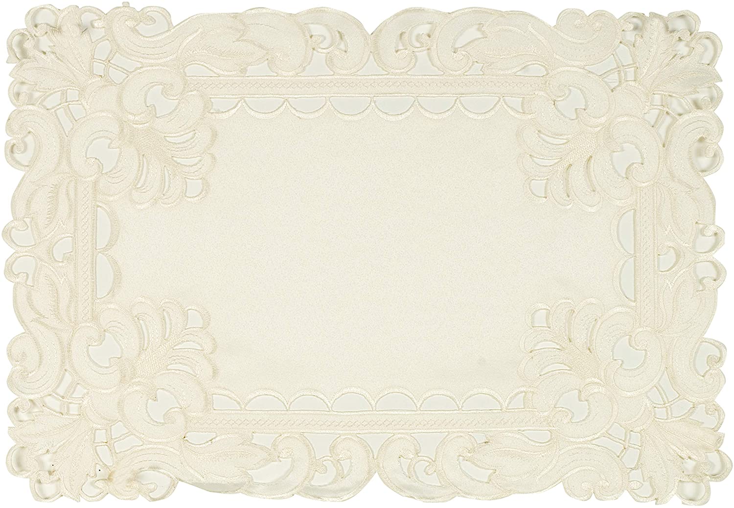 Set of six linen placemats with elegant European embroidery from the Damarcus Collection, crafted by F308-PM for stylish table settings.