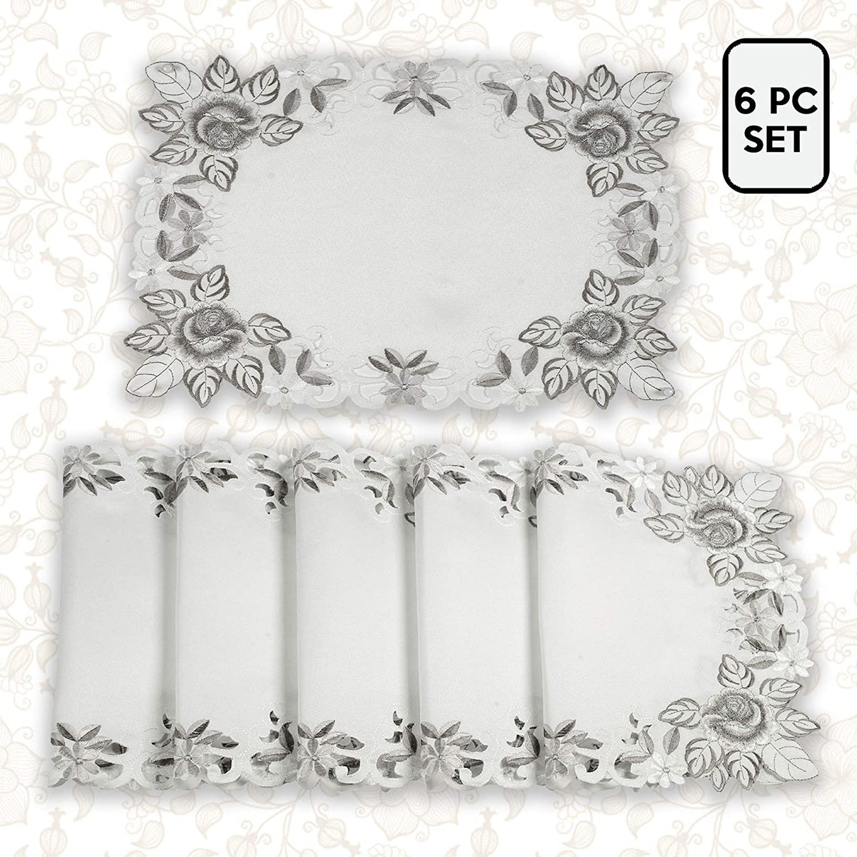 Set of six linen placemats with intricate European embroidery from the Alois Collection, crafted for elegant table settings.