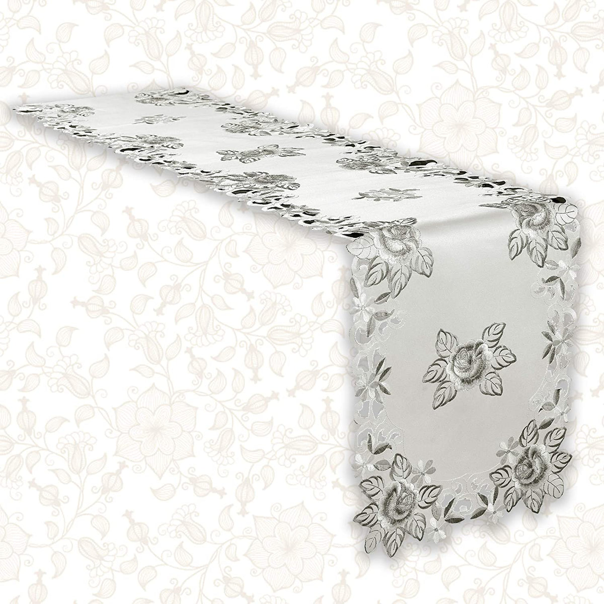 Linen table runner with intricate European embroidery, stylish design, perfect for elegant dining tables.