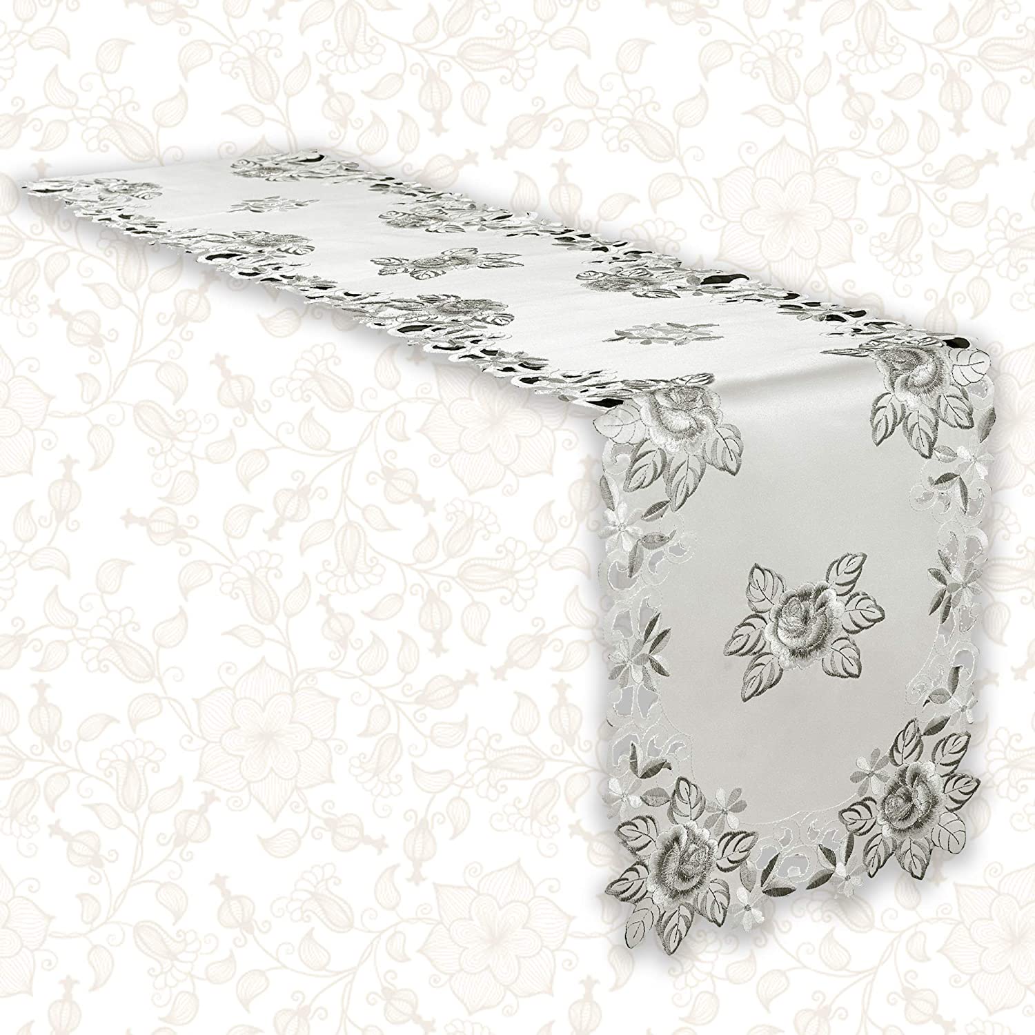 Linen table runner with intricate European embroidery, stylish design, perfect for elegant dining tables.