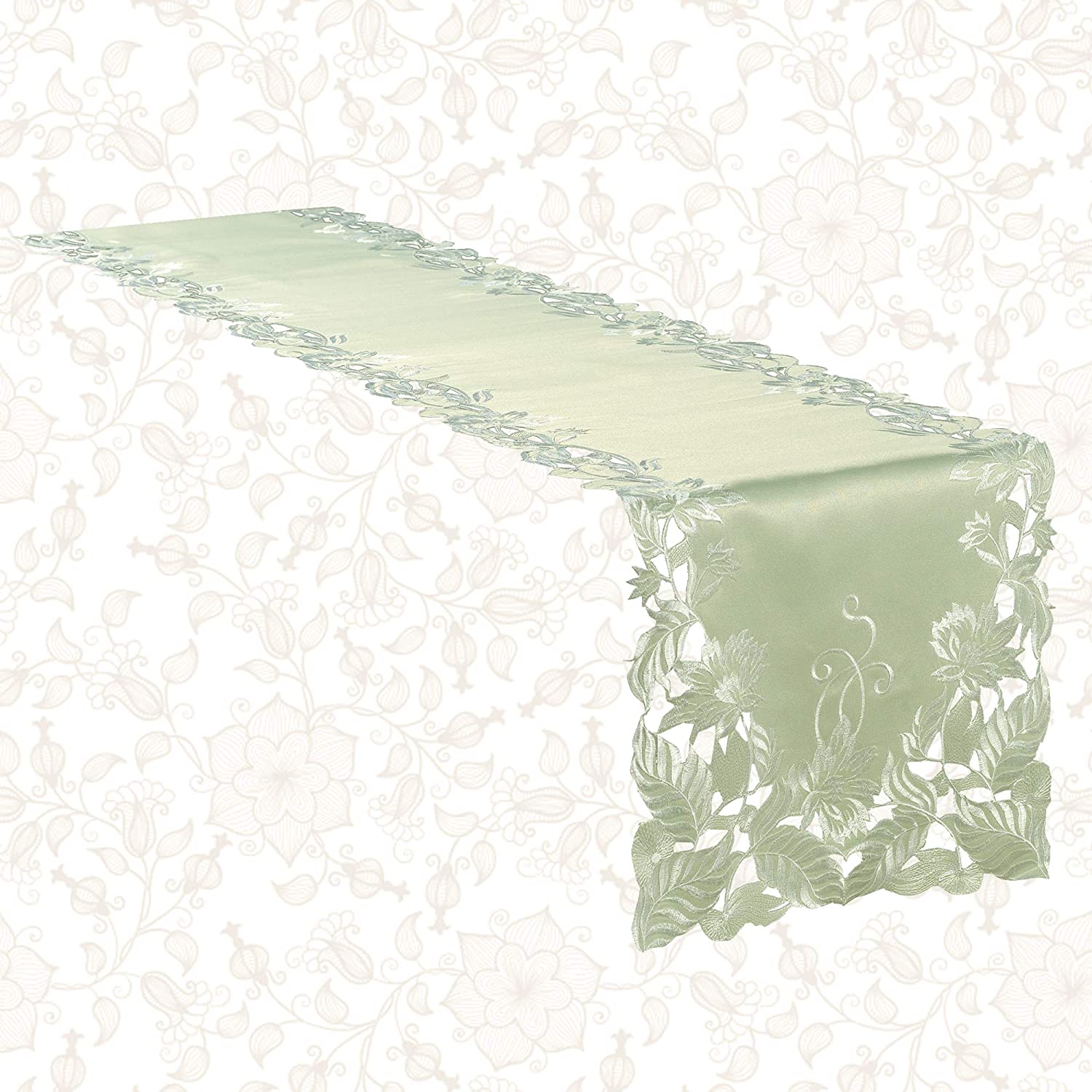 Linen table runner with intricate European embroidery, decorative design, and elegant craftsmanship, ideal for stylish table settings.